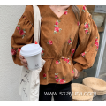 Warm casual V-neck embroidered top